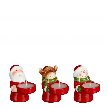 Decoratie theelicht houder kerstman sneeuwman hert rood 3 assorti - l6xb6xh9cm