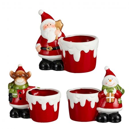 Decoratie pot kerstman sneeuwman hert rood 3 assorti - l14,5xb8,5xh13cm