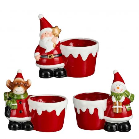 Decoratie pot kerstman sneeuwman hert rood 3 assorti - l17xb10,5xh15,5cm