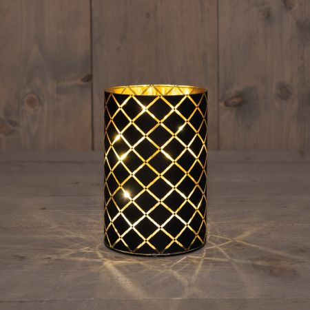 CYLINDER GLAS GOUDEN BINNENKANT MET DIAMANT PATROON 8LED WARM WIT OP BATTERIJ MET TIMER D10H15CM MAT ZWART