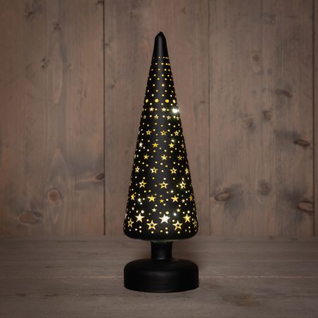 KERSTBOOMPJE GLAS GOUDEN BINNENKANT MET STERREN 10LED WARM WIT OP BATTERIJ MET TIMER 30X9CM ZWART/GOUD