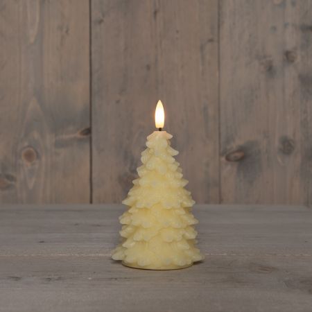 KAARS KERSTBOOM WAX LED 3D VLAM OP BATTERIJ MET TIMER D8.5H15CM IVOOR