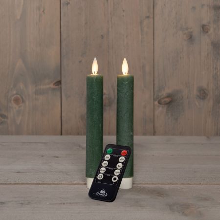 DINERKAARS WAX LED BEWEGENDE VLAM OP BATTERIJ MET AFSTANDSBEDIENING  2 STUKS H18CM JADE GROEN