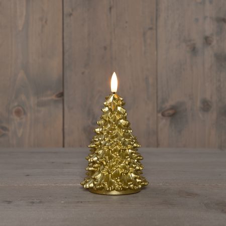 KAARS KERSTBOOM WAX LED 3D VLAM OP BATTERIJ MET TIMER D8.5H15CM GOUD