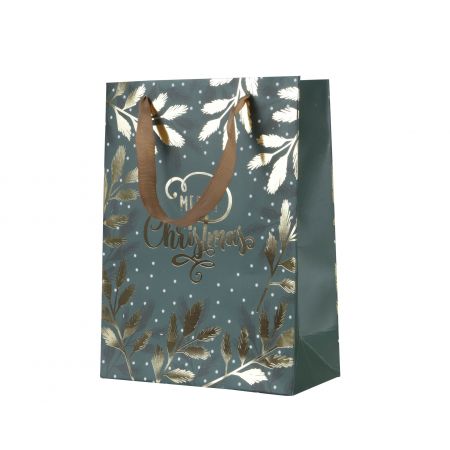 Giftbag papier met handvat fsc 100% groen/goud L.8cm x W.18cm x H.24cm