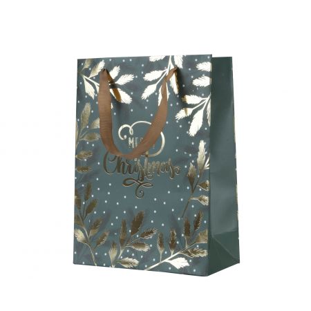 Giftbag papier met handvat fsc 100% groen/goud L.12cm x W.30cm x H.42cm