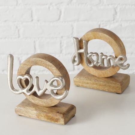 Belettering Love Home, 2 assortie Rond, B 5 cm, H 12,4 cm, Mango (Mangifera indica), alu vernikkeld