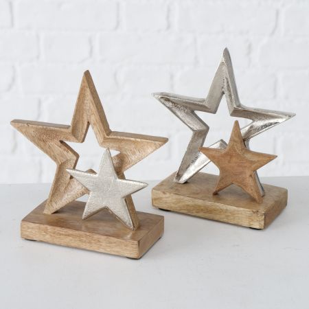 Decoratieve standaard Janna, 2 assortie Ster, met stand, H 16 cm, Mango (Mangifera indica), alu vernikkeld