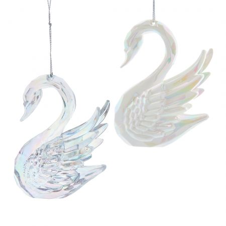 4"ACRYLIC OPALESCENT WHITE & CLEAR SWAN ORNS 2/ASSTD.