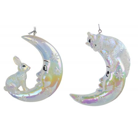 3.63"Resin Opalescent Rabbit&Squirrel on moon Ornament 2/A