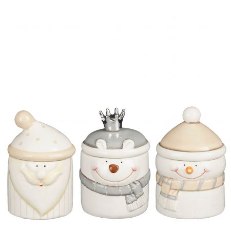 Decoratie voorraadpot kerstfiguur grijs beige wit 3 assorti - h14xd9,5cm