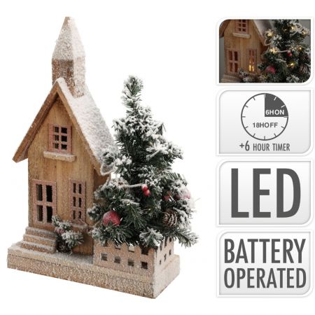 HUIS MET KERSTBOOM EN LED 44CM