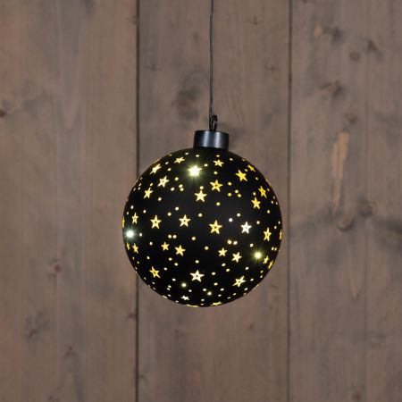 KERSTHANGER BAL GLAS GOUDEN BINNENKANT MET STERREN 10LED WARM WIT OP BATTERIJ MET TIMER D12CM ZWART/GOUD