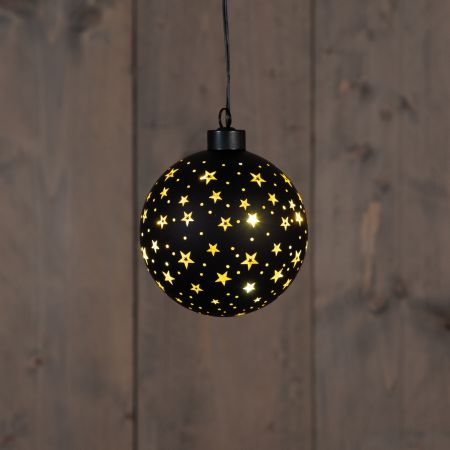 KERSTHANGER BAL GLAS GOUDEN BINNENKANT MET STERREN 8LED WARM WIT OP BATTERIJ MET TIMER D10CM ZWART/GOUD