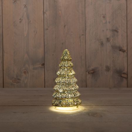 KERSTBOOMPJE GLAS 10LED OP BATTERIJ MET TIMER 18.5X9.5CM METALLIC GOUD