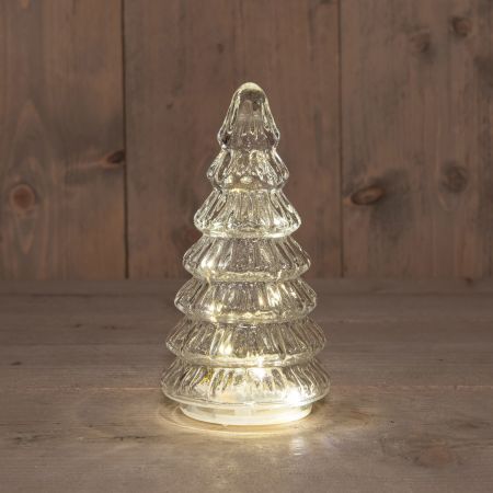 KERSTBOOMPJE GLAS 10LED OP BATTERIJ MET TIMER 18.5X9.5CM HELDER