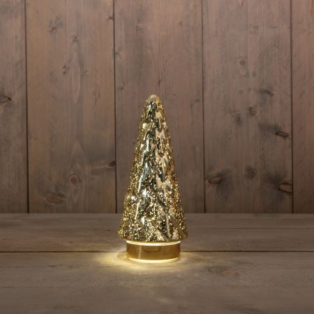 KERSTBOOMPJE GLAS 10LED OP BATTERIJ MET TIMER 24.5X10.5CM METALLIC GOUD