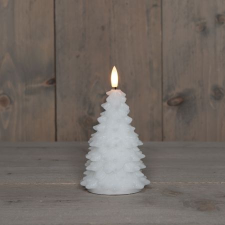 KAARS KERSTBOOM WAX LED 3D VLAM OP BATTERIJ MET TIMER D8.5H15CM WIT