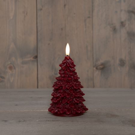 KAARS KERSTBOOM WAX LED 3D VLAM OP BATTERIJ MET TIMER D8.5H15CM BORDEAUX