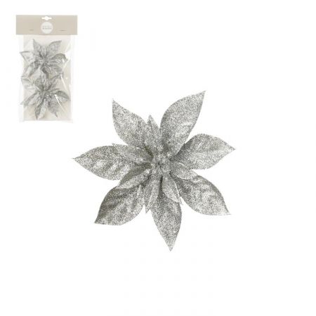 Clip poinsettia zilver 2 stuks - h3xd15cm