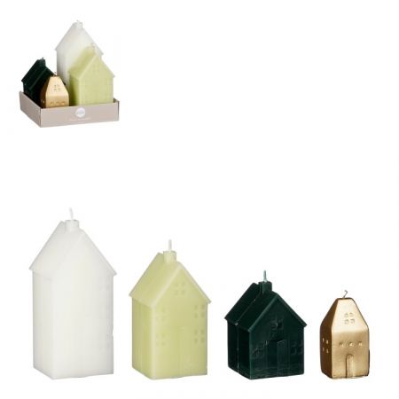 Kaars huis wit groen zwart goud 4 stuks - l13xb12xh15cm