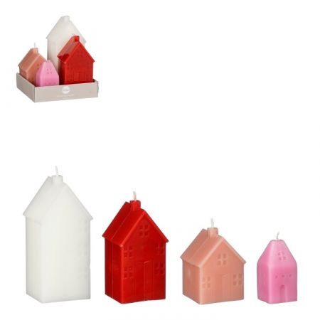 Kaars huis wit rood oranje roze 4 stuks - l13xb12xh15cm