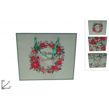 GESCHENKTAS KERSTKRANS 3ASS GROEN 31X26X12