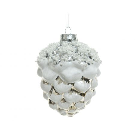 Dennenappel glas with silver white finish beads on top wit dia9cm x H.7.5cm