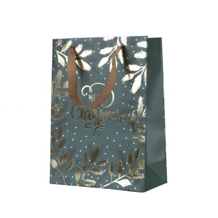 Giftbag papier met handvat fsc 100% groen/goud L.16cm x W.42cm x H.48cm