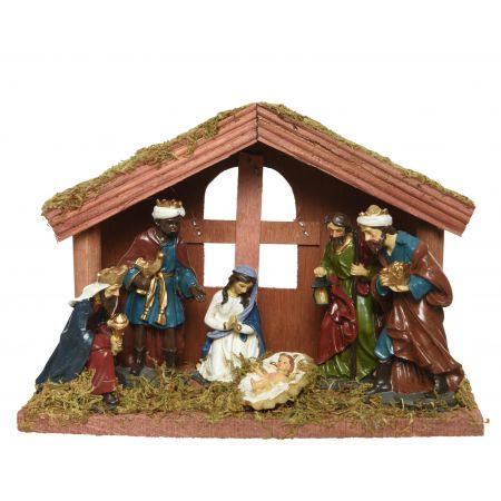 Kerststal mdf maria, joseph, jesus, 3 king 6 poly figures multi L.10cm x W.20cm x H.14cm