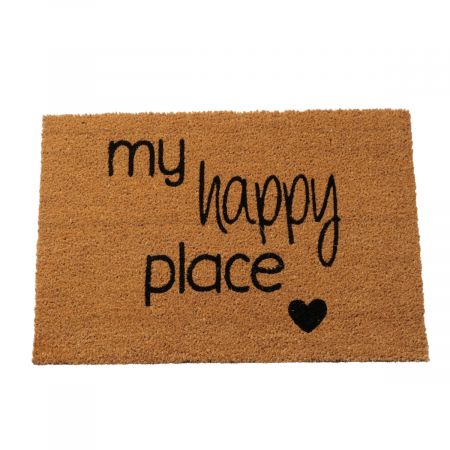 Deurmat Happy Place, L 60 cm, Pvc, Kokos, zwrt, ntrl, Veelkleurig, Spreuk/tekst