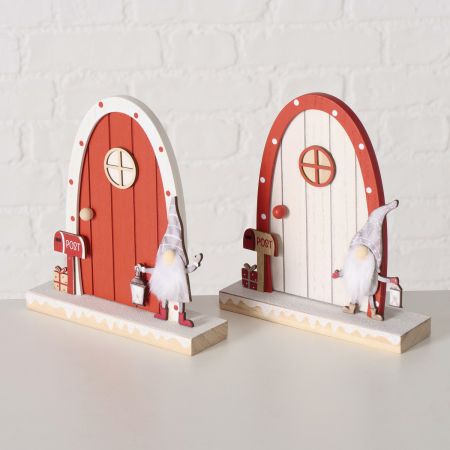 Decoratieve standaard Snorre, 2 assortie Huis, Kabouter, Kerstman, H 20 cm, mdf, Namaakbont, Veelkleurig